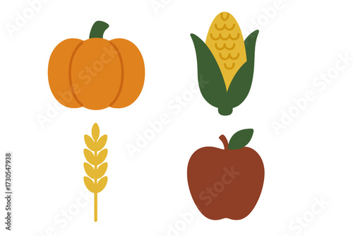 Collection of autumn harvest elements including a pumpkin, ear of corn, wheat stalk, and red apple for seasonal designs