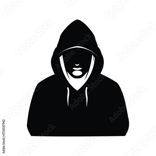 Mysterious figure wearing hooded sweatshirt in silhouette with facial feature suggestions, hacker in dark room with hoodie silhouette vector illustration