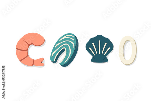 Fresh seafood collection with shrimp, salmon fillet, scallop shell, and calamari ring on a white background