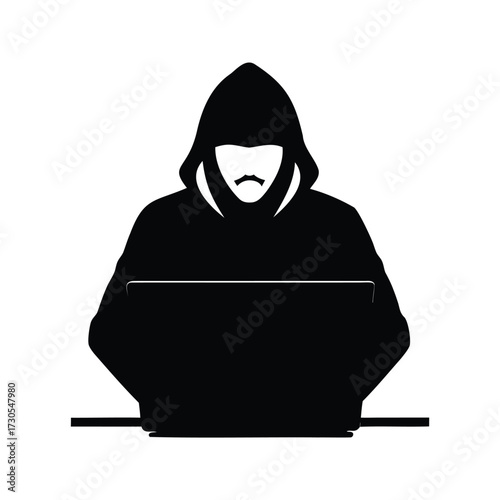 Silhouette of mysterious hooded figure typing on a laptop computer device, hacker sitting at desk with laptop silhouette vector illustration