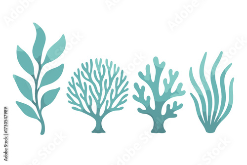 Vibrant teal marine flora and diverse coral reef organisms set on a clean white background for aquatic themed designs