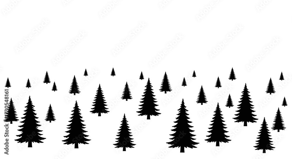 Fototapeta premium Silhouette view of numerous evergreen trees, creating a forest-like pattern against white background.