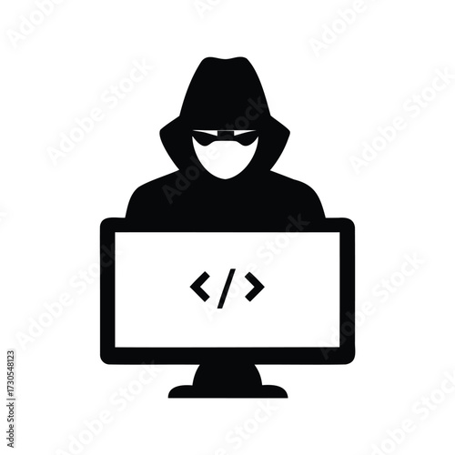 Cybersecurity threat represented by a hooded figure in front of a computer, hacker with code on screen silhouette vector illustration