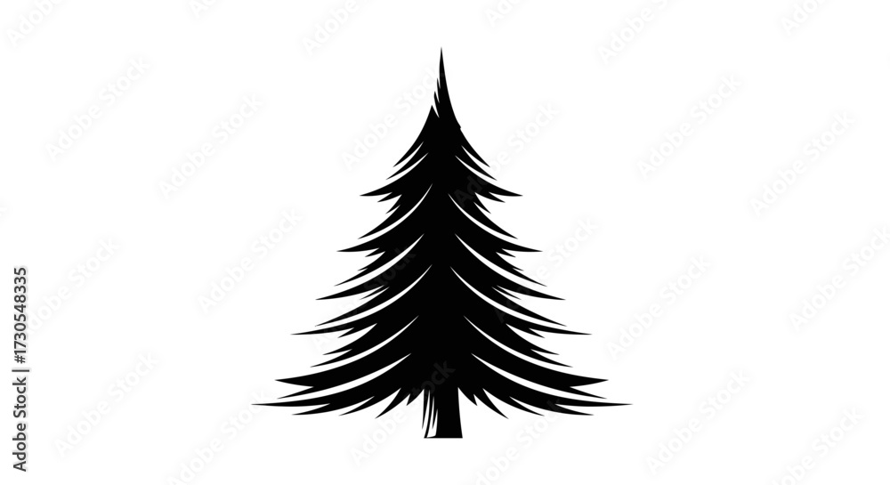 Fototapeta premium Silhouette of a coniferous tree, a stylized evergreen with layered branches, set against a plain white background.