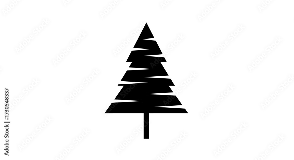 Fototapeta premium Black silhouette of a stylized evergreen tree with horizontal branches against a white background.