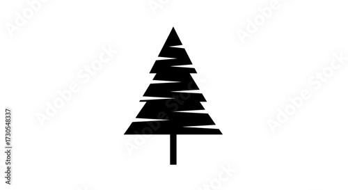 Black silhouette of a stylized evergreen tree with horizontal branches against a white background.
