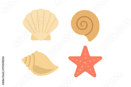 Detailed assortment of marine life elements showcasing different types of seashells and a vibrant starfish