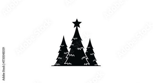 Three stylized Christmas trees, the central one taller and topped with a star, all in black silhouette against a white background.