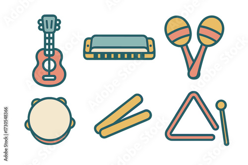 Diverse musical instruments collection featuring ukulele, harmonica, maracas, tambourine, claves, and triangle
