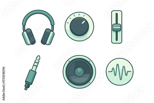 Modern audio equipment icons set with headphones, speaker, volume knob, fader, sound wave, and audio jack