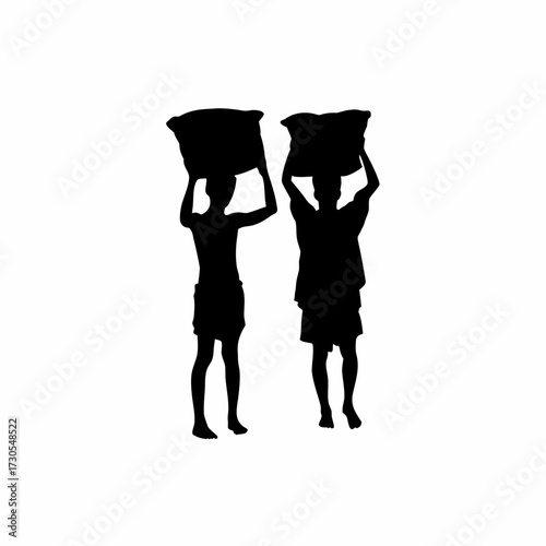 Silhouette of two rice mill workers lifting heavy rice sack together isolated on white background