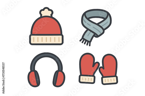 Collection of winter accessories including a warm knit hat, cozy scarf, protective earmuffs, and comfortable mittens