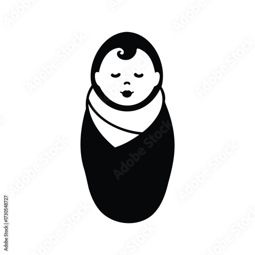 Black and white silhouette illustration of a sleeping baby swaddled in a blanket, newborn baby wrapped in blanket silhouette vector illustration
