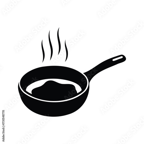 Black skillet with food being cooked and steam emanating upwards in kitchen, pan with steak silhouette vector illustration