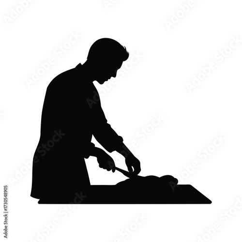 Silhouette of chef meticulously preparing food at a cutting board, person cutting meat silhouette vector illustration