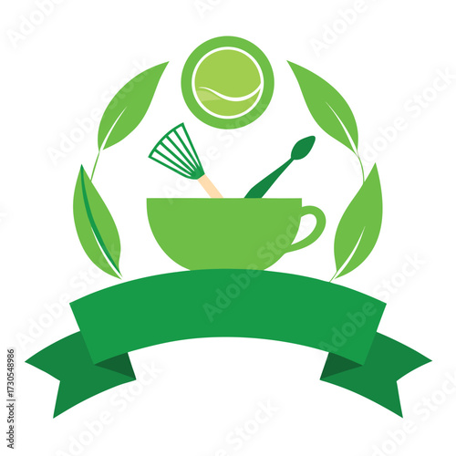 Green tea ceremony set with whisk, scoop, and cup