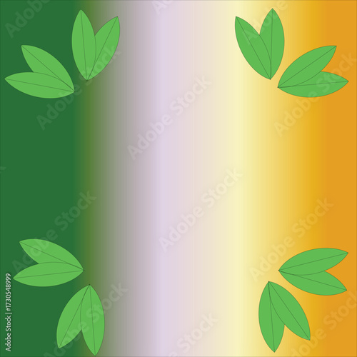 Gradient background with green and orange colors and green leaf clusters in each corner of the image