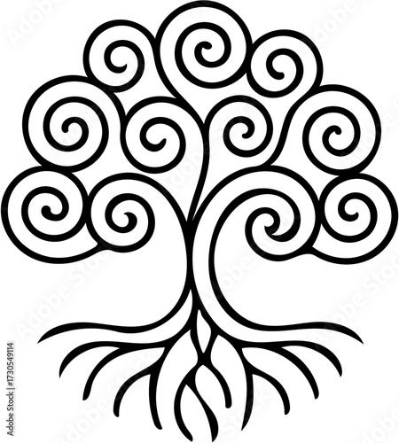 AI Generated Tree of Life Line Art – Spiral Branches and Roots Minimal Black and White Illustration