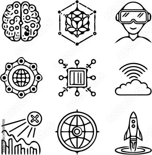 AI Generated Futuristic Technology Icon Set – Artificial Intelligence, Cloud, VR, Rocket, and Network Line Art Vectors