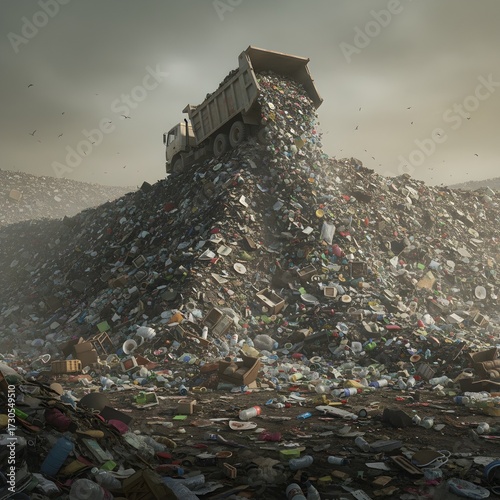 Camión descargando basura en un vertedero masivo, sensación de exceso