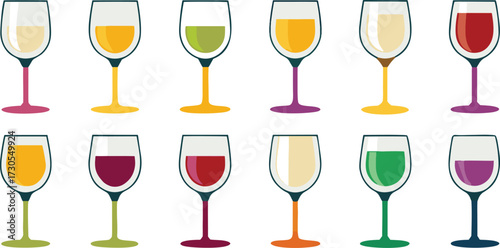Colorful Wine Glass Vector Set – Red Wine, White Wine, Cocktail, and Party Drink Illustration