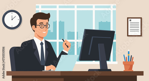 Successful Businessman Working in an Office, Smiling and Holding a Pen While Looking at His Computer Screen