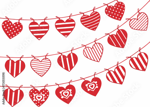 Red heart garland decoration with various patterns