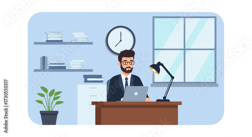 A focused businessman working diligently on his laptop at his desk in a well-lit office, symbolizing productivity and professional dedication