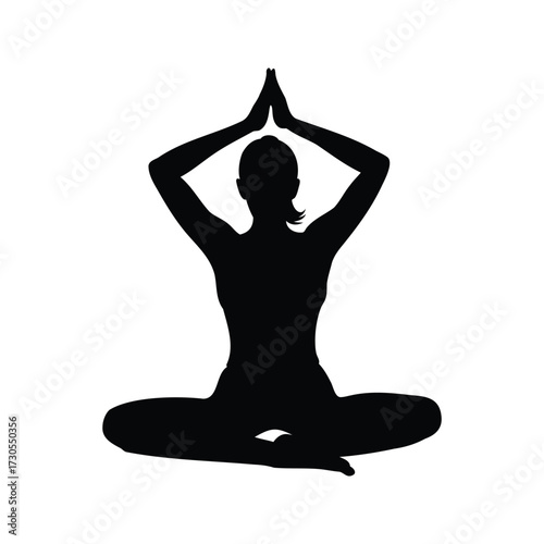Silhouette of woman practicing yoga in lotus position with hands overhead, woman doing yoga pose silhouette vector illustration