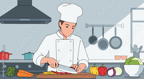A professional chef in a white uniform expertly chops fresh vegetables on a wooden cutting board in a modern, well-equipped kitchen