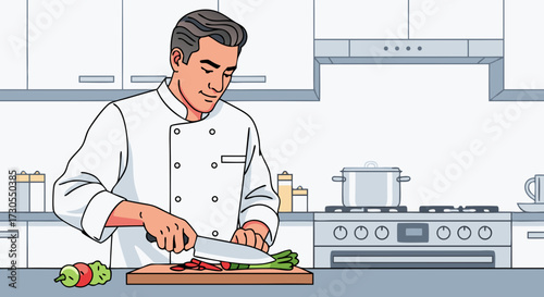 A chef in a professional kitchen preparing food with fresh ingredients on a cutting board, showcasing culinary skills and dedication to cooking