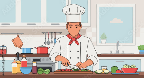 A male chef in a white uniform and hat prepares vegetables on a wooden cutting board in a bright kitchen with utensils and ingredients
