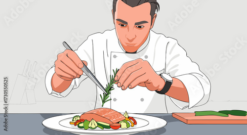 Culinary artist meticulously garnishes a delicious salmon dish with fresh herbs, preparing a gourmet meal with precision and care