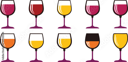 Colorful Wine Glass Vector Set – Red Wine, White Wine, Cocktail, and Party Drink Illustration