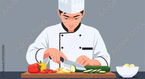 Skilled chef in a white uniform expertly slicing fresh vegetables on a wooden cutting board, preparing a healthy meal in a professional kitchen setting