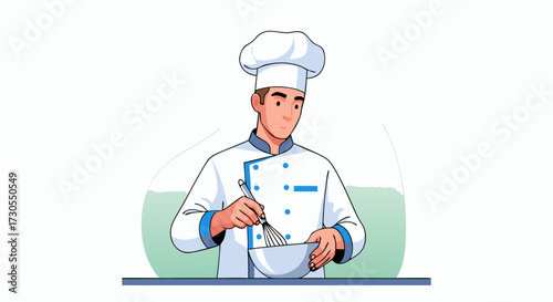 Illustration of a male chef in uniform whisking ingredients in a bowl, symbolizing culinary arts and professional cooking in a modern kitchen setting