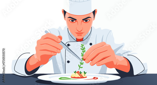 A Chef Carefully Garnishing a Dish with Fresh Herbs, Demonstrating Culinary Expertise and Attention to Detail in a Professional Kitchen Setting