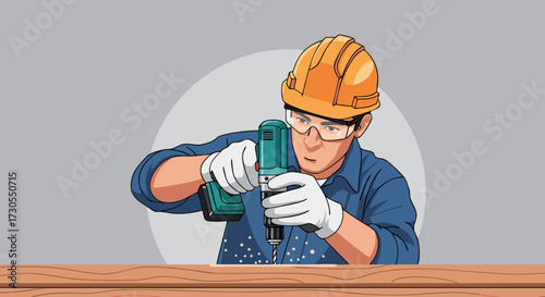 Skilled worker in safety gear meticulously drills a hole into a wooden plank with a power drill, highlighting construction and DIY projects