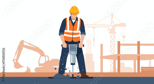 Construction worker operating a jackhammer on a site with heavy machinery and building structures in the background, illustrating hard labor and urban development