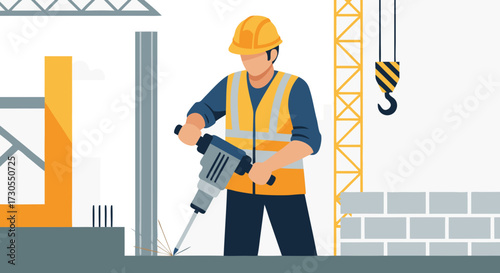 Construction worker using a jackhammer on a building site, industrial development, safety vest and hard hat, professional builder performing labor
