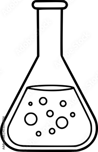 a flask with liquid and bubbles, black outline, white background
