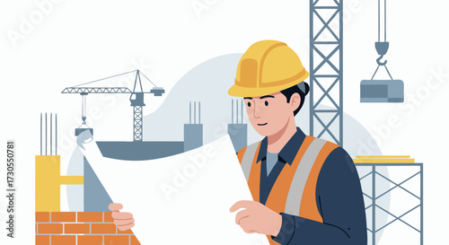 Construction worker in yellow helmet holding blueprints on a building site with cranes and unfinished structures in the background