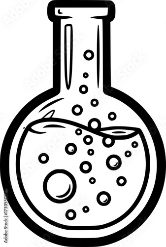 a flask with liquid and bubbles, black outline, white background
