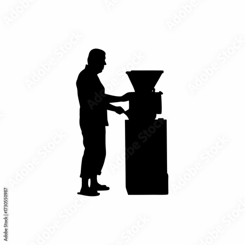 Silhouette of worker adjusting rice mill control panel isolated on white background