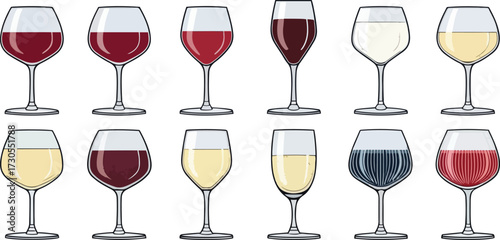 Colorful Wine Glass Vector Set – Red Wine, White Wine, Cocktail, and Party Drink Illustration