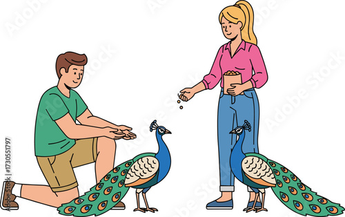 People feeding peacocks in outdoor park, wildlife interaction, colorful birds, nature conservation, animal care, bird watching, eco tourism, exotic wildlife experience