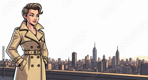 Woman in trench coat with city background
