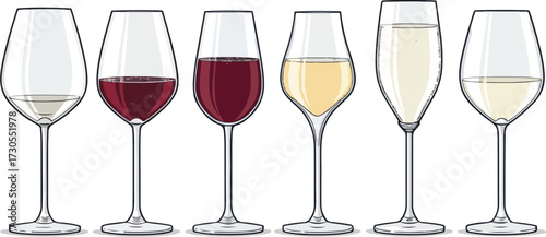 Colorful Wine Glass Vector Set – Red Wine, White Wine, Cocktail, and Party Drink Illustration