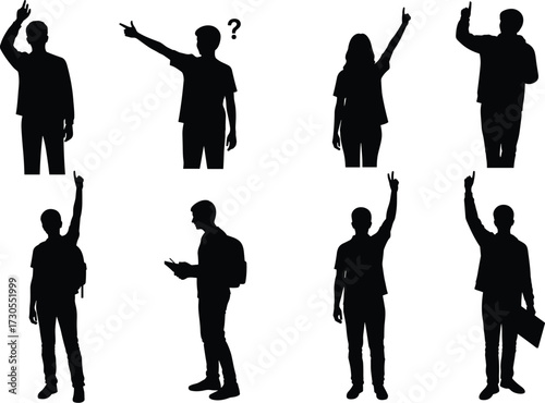 Collection of male student silhouettes raising hands, holding a pen and tablet, in poses showing question, answer, and participation.