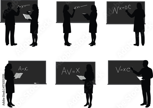 Collection of female teacher silhouettes writing and pointing at a blackboard, for education, business presentation, and teaching concepts.